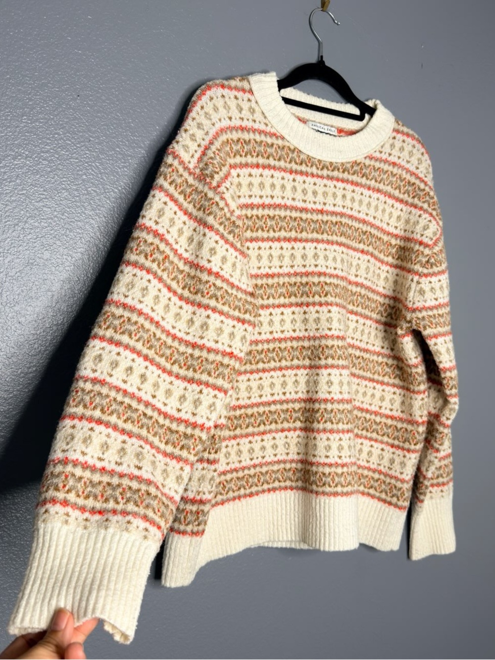 America Eagle Cream Striped Fair Isle Knit Sweater Womens Medium